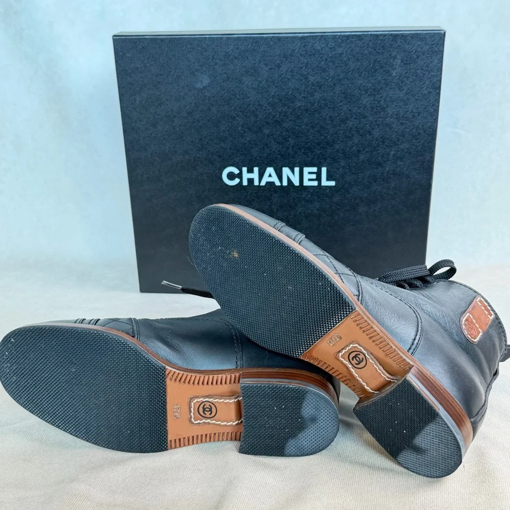 Chanel Black Leather Quilted Lace-Up Ankle Boots EU 37.5